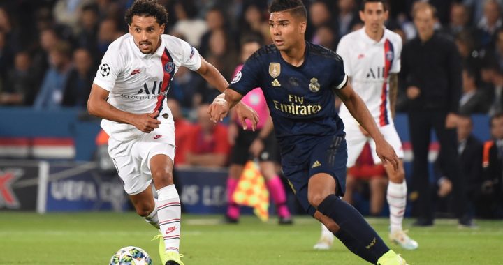 Paris Saint-Germain's Brazilian defender Marquinhos (L) vies Real Madrid's Brazilian midfielder Casemiro during the UEFA Champions league Group A football match between Paris Saint-Germain and Real Madrid, at the Parc des Princes stadium, in Paris, on September 18, 2019. (Photo by Lucas BARIOULET / AFP)        (Photo credit should read LUCAS BARIOULET/AFP/Getty Images)